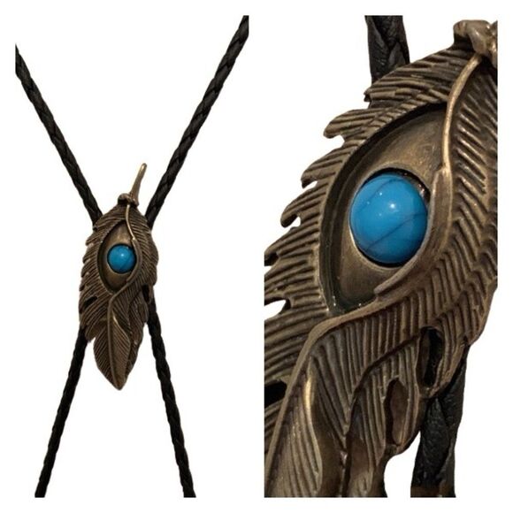 Men’s Western Feather Bolo Tie Necklace with Faux Turquoise Stone and Black Cord - Picture 1 of 9